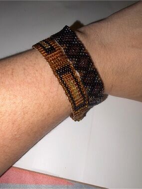 Vintage Hand Beaded Seed Bead Cuff Bracelets Set of 2 Geometric Boho